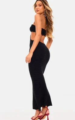 Black Textured Knit Cut Out HalterNeck Maxi Dress