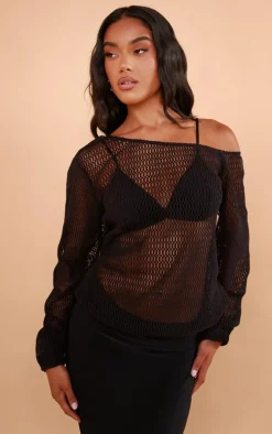 Black Textured Knit Off The Shoulder Long Top