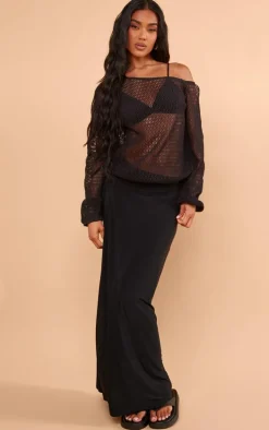 Black Textured Knit Off The Shoulder Long Top