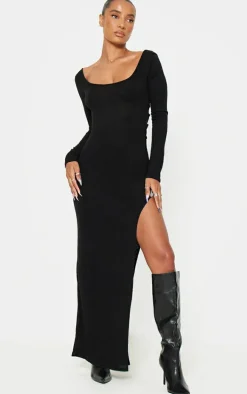 Black Textured Lace Up Back Detail Maxi Dress