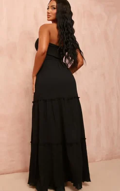 Black Textured Linen Look Knot Cut Out Bandeau Maxi Dress