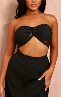 Black Textured Linen Look Knot Cut Out Bandeau Maxi Dress