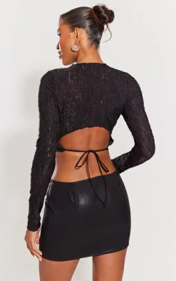 Black Textured Long Sleeve Open Back Crop Top