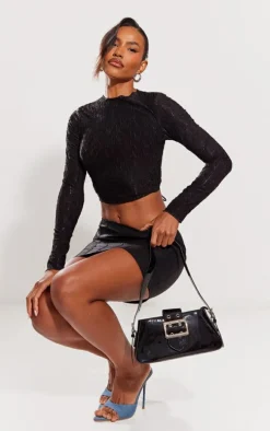 Black Textured Long Sleeve Open Back Crop Top