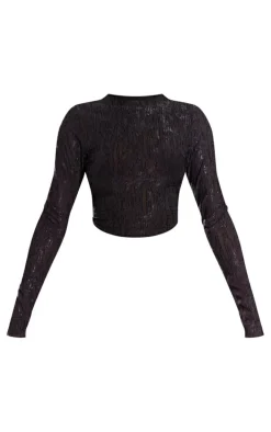 Black Textured Long Sleeve Open Back Crop Top