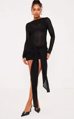 Black Textured Long Sleeve Tie Waist Mini Dress