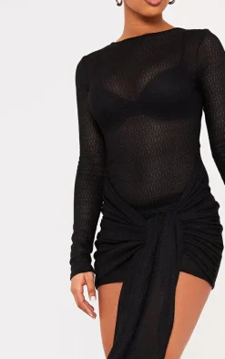 Black Textured Long Sleeve Tie Waist Mini Dress