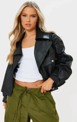 Black Textured Look Faux Leather Biker Jacket