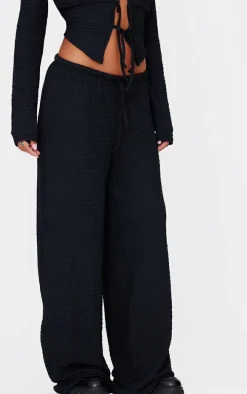 Black Textured Low Rise Wide Leg Pants