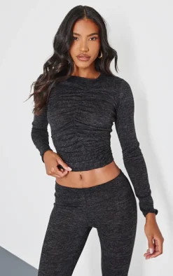 Black Textured Marl Ruched Front Long Sleeve Top