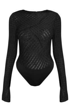 Black Textured Mesh Long Sleeve Bodysuit