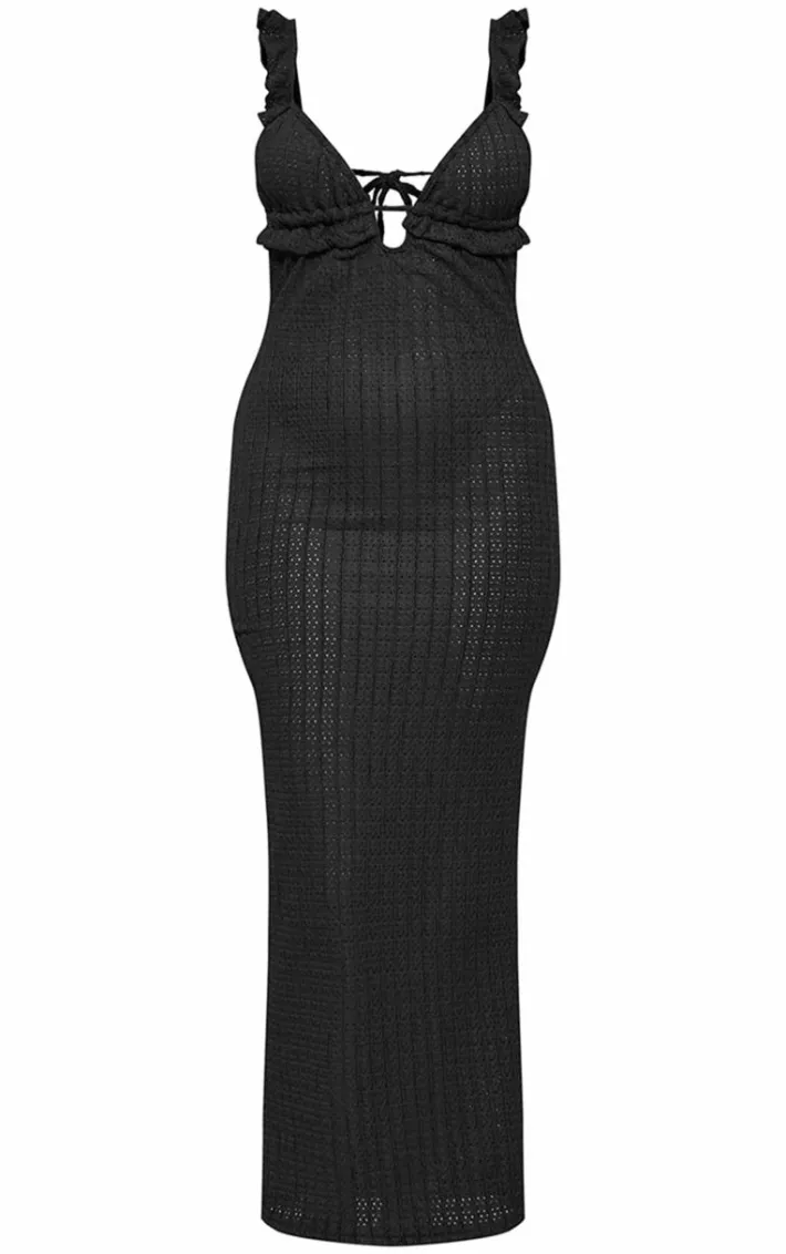 Black Textured Plunge Backless Maxi Dress