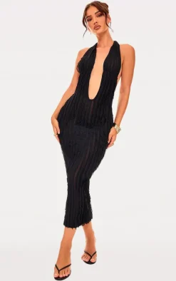Black Textured Plunge Front Midi Dress