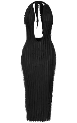 Black Textured Plunge Front Midi Dress