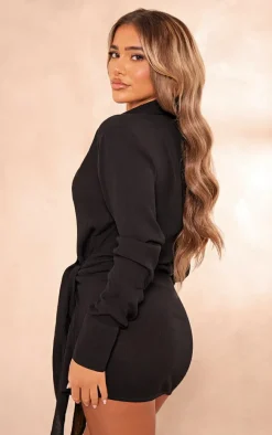 Black Textured Plunge Wrap Shirt Dress