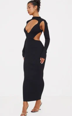 Black Textured Rib Knit Cut Out Maxi Dress