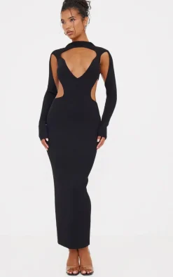 Black Textured Rib Knit Cut Out Maxi Dress