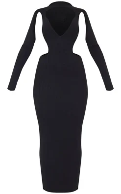 Black Textured Rib Knit Cut Out Maxi Dress
