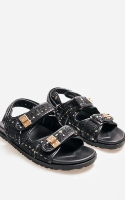 Black Textured Round Toe Buckled Sling Back Footbed Sandals