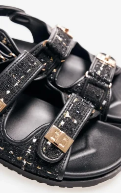 Black Textured Round Toe Buckled Sling Back Footbed Sandals