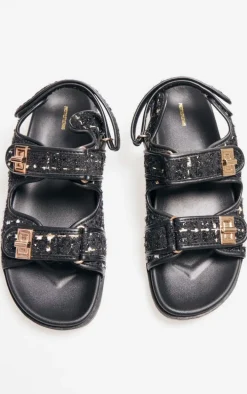 Black Textured Round Toe Buckled Sling Back Footbed Sandals