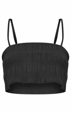 Black Textured Ruched Cotton Strappy Crop Top