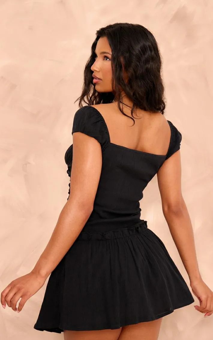 Black Textured Ruched Puff Sleeve Bodycon Dress