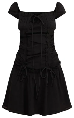Black Textured Ruched Puff Sleeve Bodycon Dress