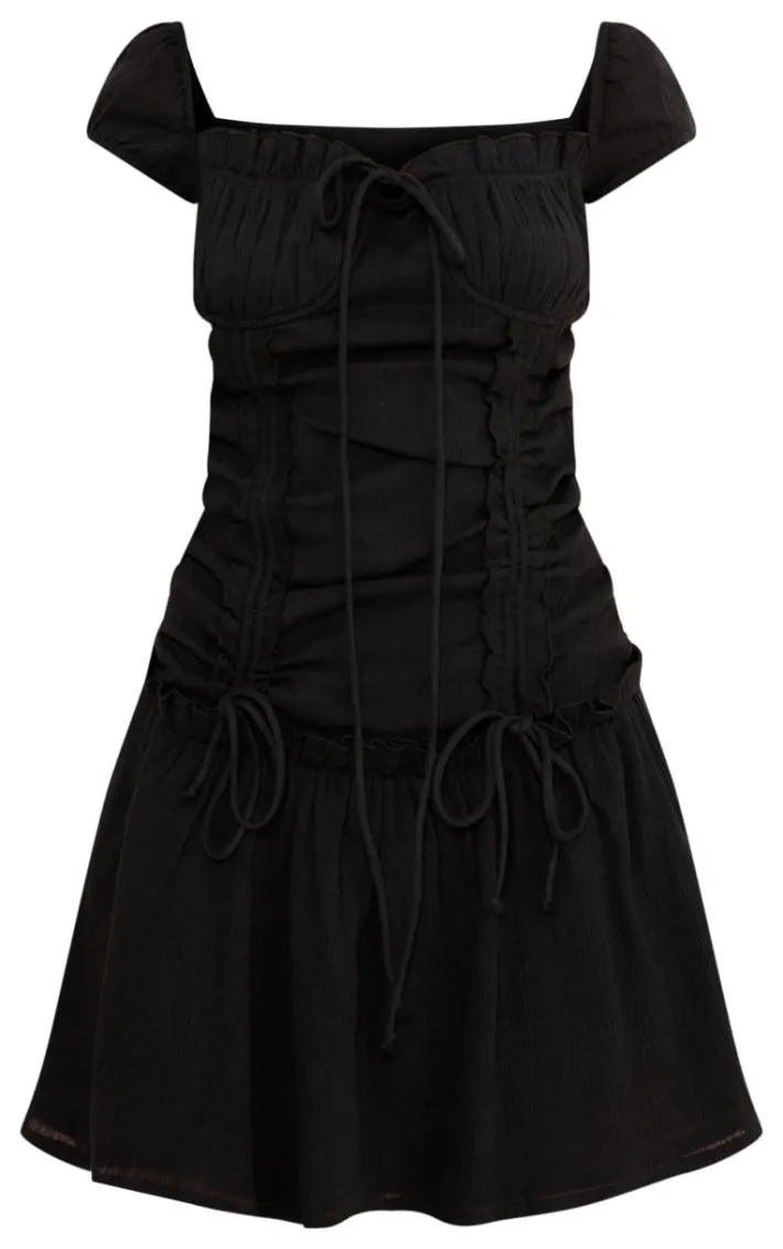 Black Textured Ruched Puff Sleeve Bodycon Dress