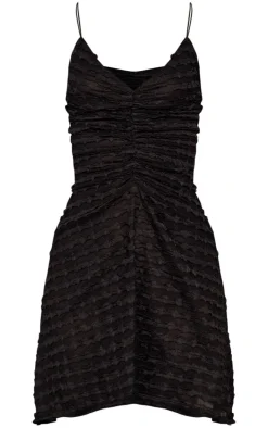 Black Textured Ruched Strappy Shift Dress
