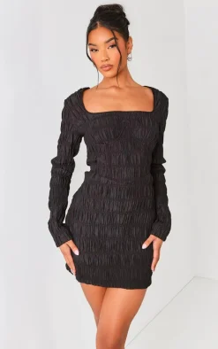 Black Textured Ruched Underwired Corset Bodycon Dress
