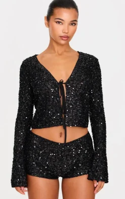 Black Textured Sequin Tie Top