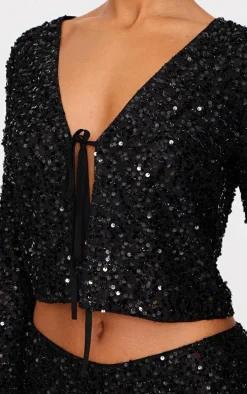 Black Textured Sequin Tie Top