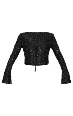 Black Textured Sequin Tie Top