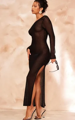 Black Textured Sheer Knit Scoop Back Maxi Dress
