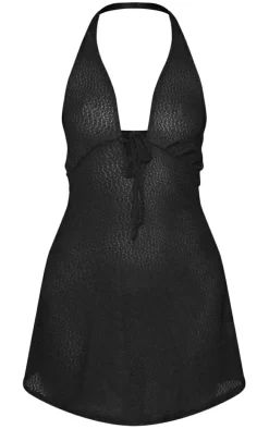 Black Textured Tie Bust Halter Detail Shift Dress