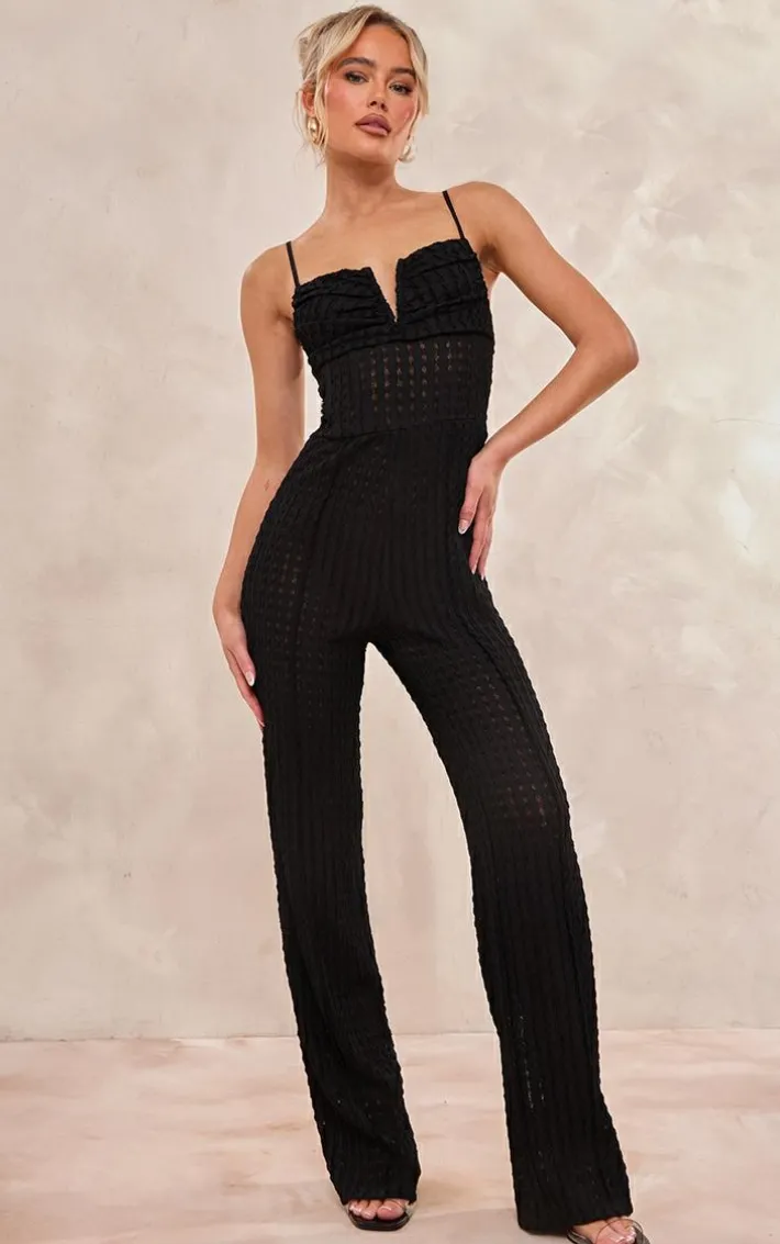 Black Textured V Bar Corset Detail Wide Leg Jumpsuit