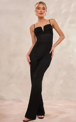 Black Textured V Bar Corset Detail Wide Leg Jumpsuit