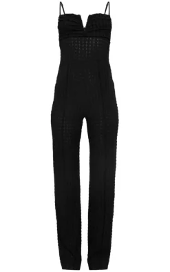 Black Textured V Bar Corset Detail Wide Leg Jumpsuit