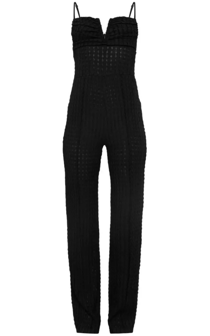 Black Textured V Bar Corset Detail Wide Leg Jumpsuit