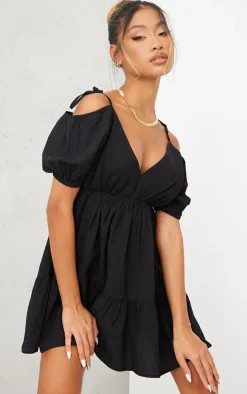 Black Textured V Neck Puff Sleeve Shift Dress