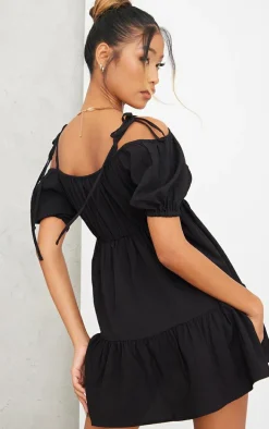 Black Textured V Neck Puff Sleeve Shift Dress