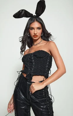 Black Textured Woven Lace Up Bandeau Crop Top