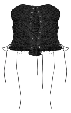 Black Textured Woven Lace Up Bandeau Crop Top