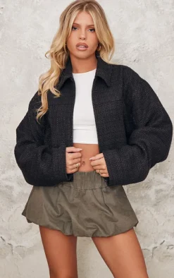 Black Textured Zip Up Bomber Jacket