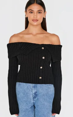 Black Thick Rib Bardot Foldover Button Up Top