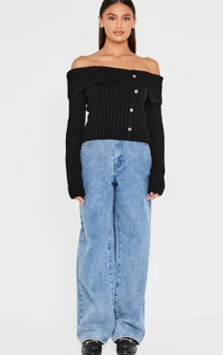 Black Thick Rib Bardot Foldover Button Up Top
