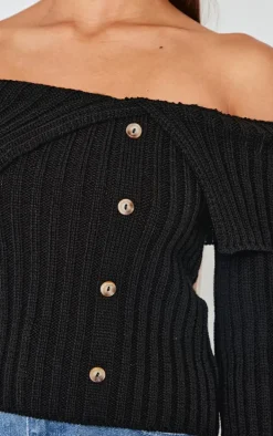 Black Thick Rib Bardot Foldover Button Up Top