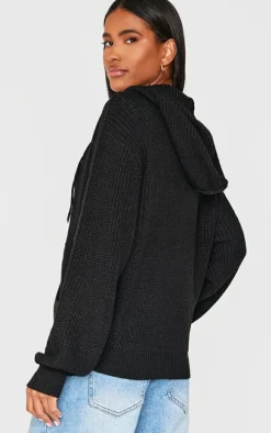 Black Thick Rib Knit Zip Up Hoodie