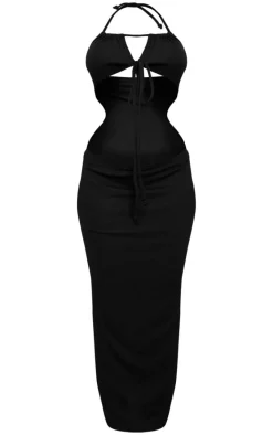 Black Thick Rib Waist Tie Halterneck Midaxi Dress